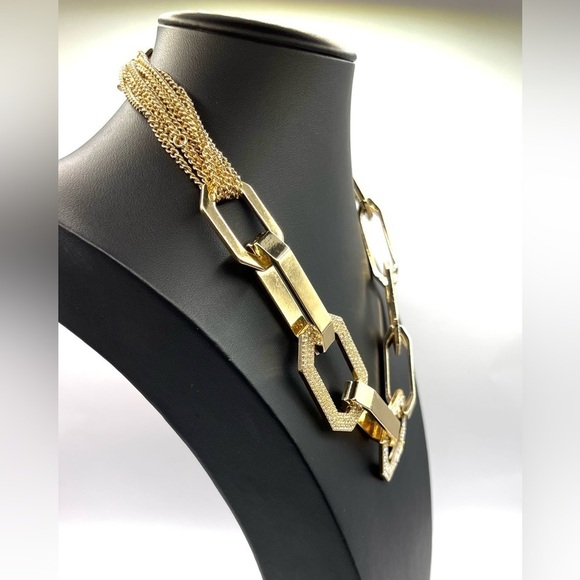 Oversized Gold Chunky Toggle Statement Necklace Rhinestones Geometric Sparkle - Picture 5 of 10